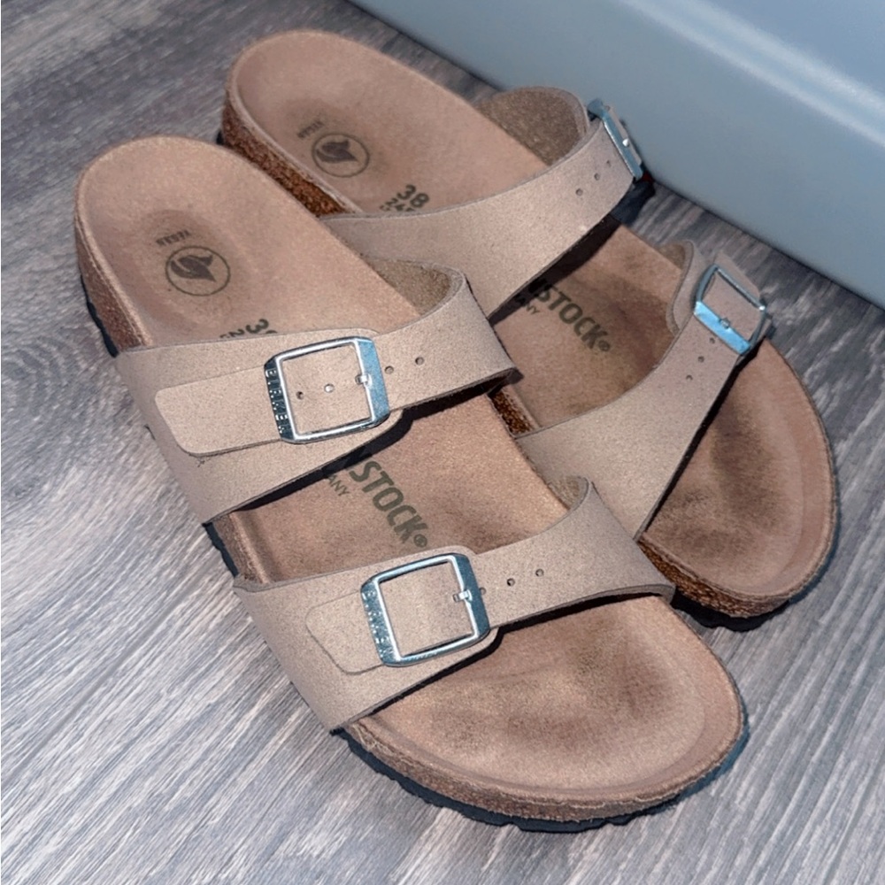Birkenstock Tan Sandals with Adjustable Straps and Contoured Footbed